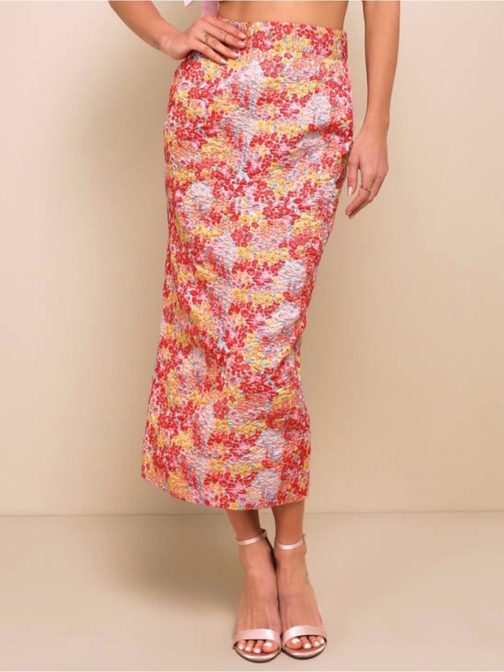 Lulu's Floral Midi Pencil Skirt in Coral, Yellow Pink and Silver Jacquard